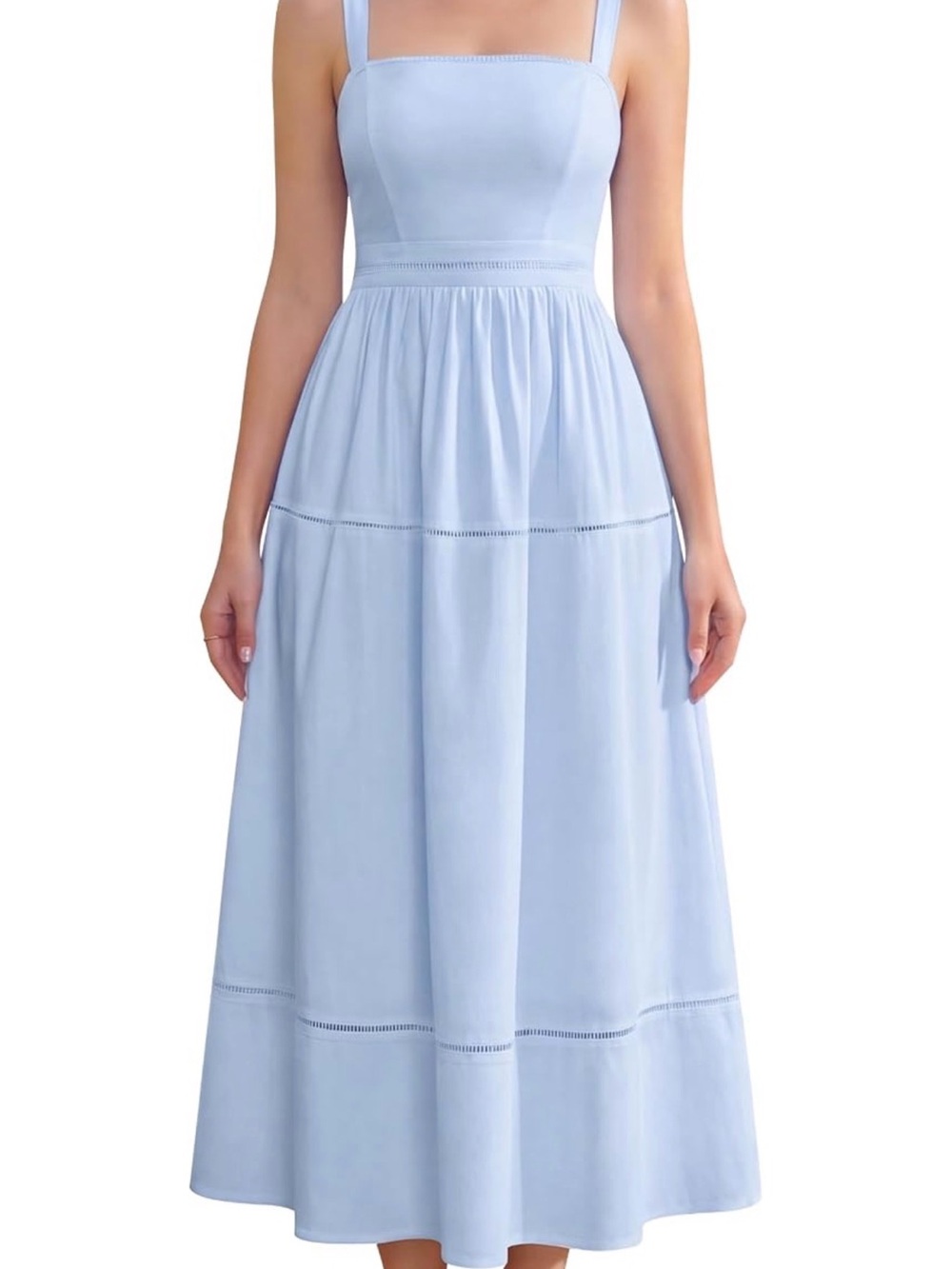 Square-Neck Light Blue Midi Dress with Adjustable Straps